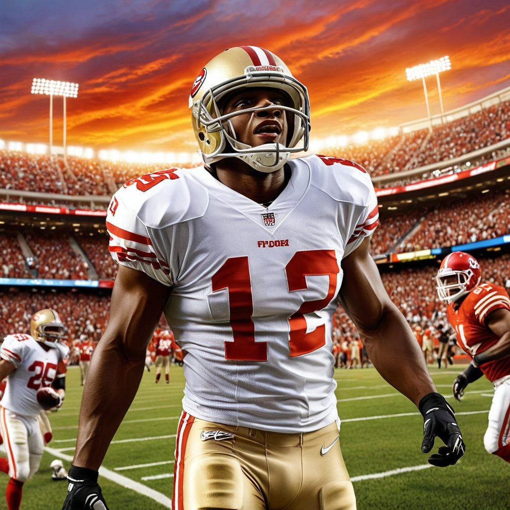 A dynamic scene capturing Reggie Bush in a football stadium, passionately discussing football culture. Surround him with diverse players embodying various sentiments of joy, frustration, and triumph. Include iconic football elements like a pigskin, cheering fans in the background, and a vivid sunset sky adding warmth and energy. Emphasize bold colors to reflect the highs and lows of the sport. super-realistic. vibrant colors. 3D.