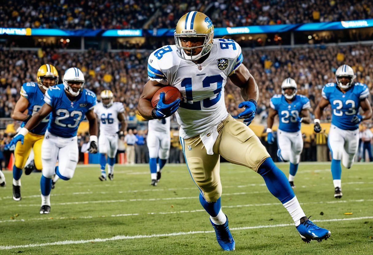 A dynamic portrayal of Reggie Bush in action on the football field, showcasing his athleticism, with a dramatic background of a cheering crowd and NFL logos. Include elements symbolizing his journey from fitness to fame, like trophies and magazine covers in the background. Use energetic colors to convey the excitement of the game. super-realistic. vibrant colors. dynamic composition.