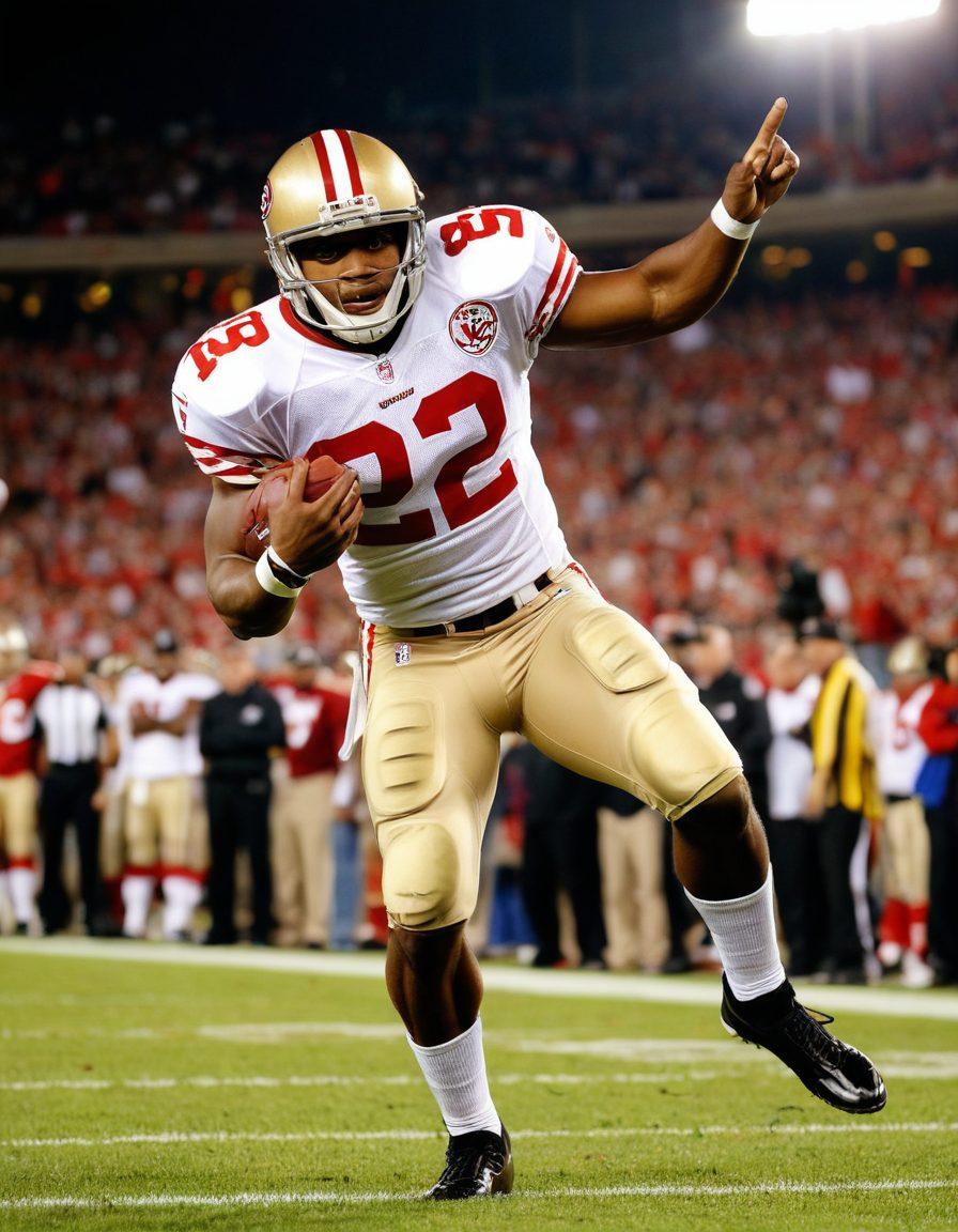 A dynamic portrayal of Reggie Bush, in action on an NFL field, surrounded by vibrant stadium lights and cheering crowds. He is engaged in an animated discussion with fans, showcasing passion and insight about the game. Include football elements like a pigskin and sidelines with markers, evoking an atmosphere of excitement and exclusivity. super-realistic. vibrant colors. dynamic composition.